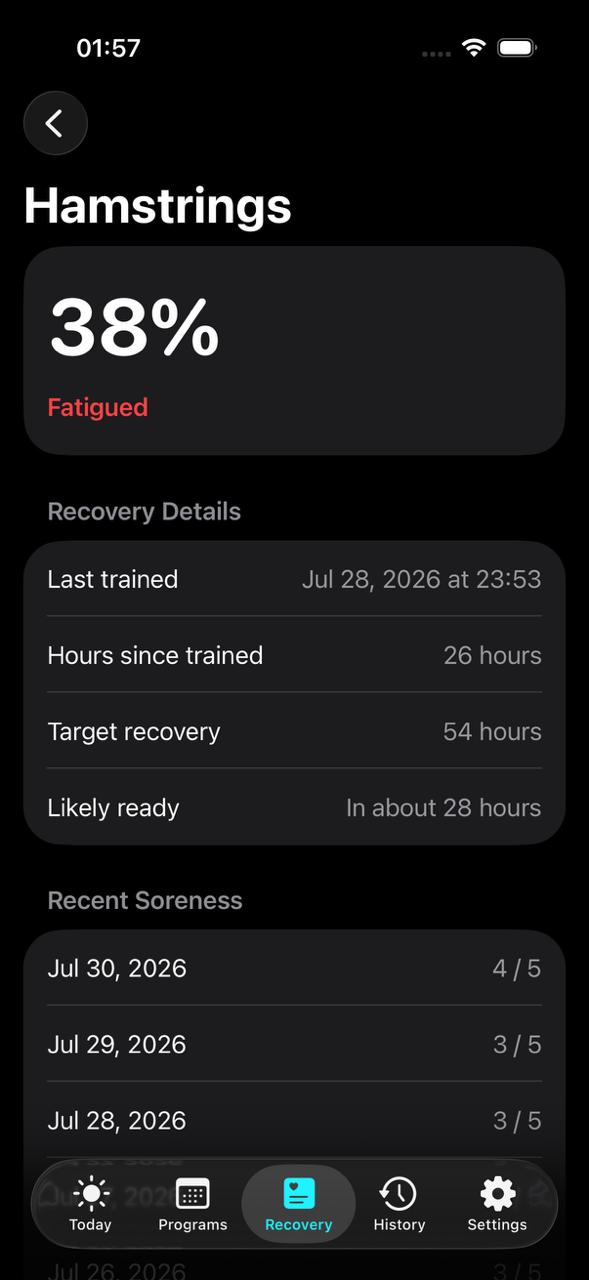 Muscle Detail screen in Setwise