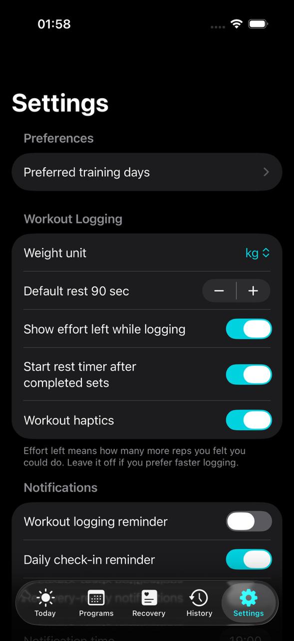 Settings screen in Setwise