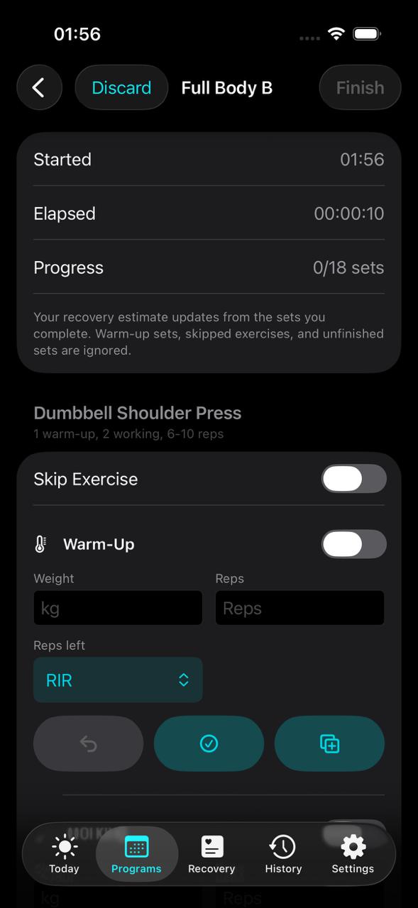 Workout screen in Setwise
