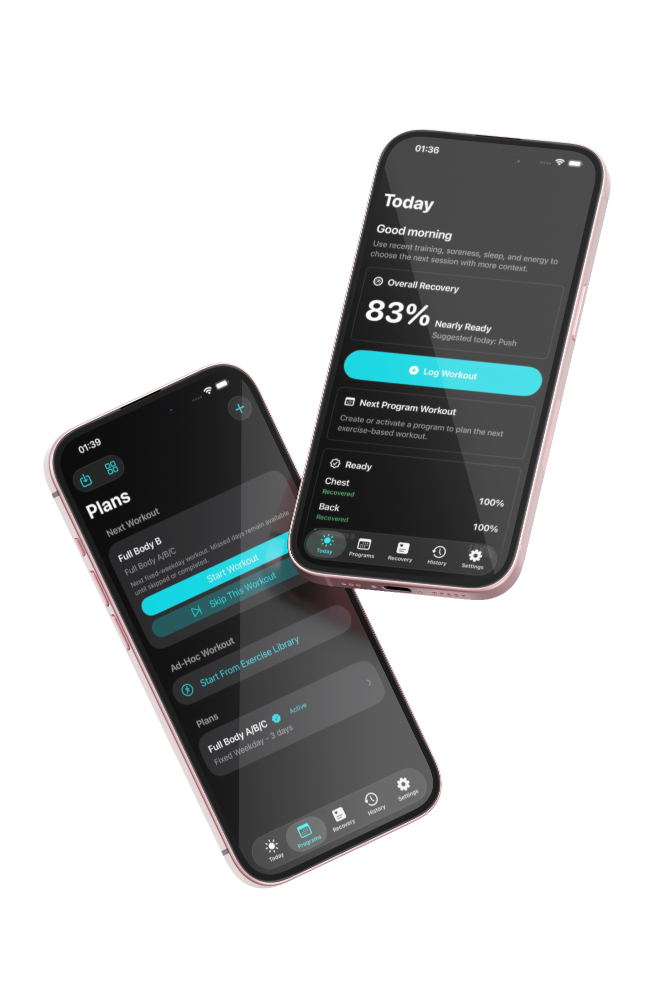 Setwise app screens showing workout planning and recovery